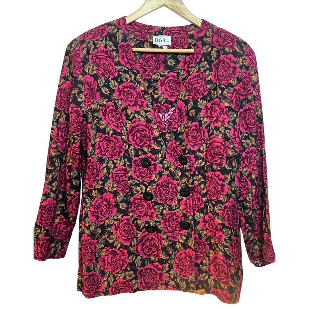 Vintage B.G.B. Ltd. Women's L Floral Blazer Jacket Pink Rose Button Details flaw